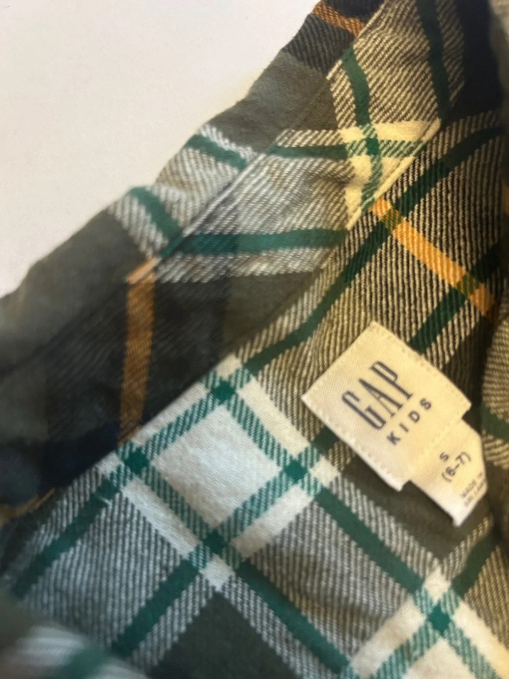 GAP Olive Green, Navy, Mustard-Yellow Plaid Button-Up Flannel Shirt | Boy S(6-7)